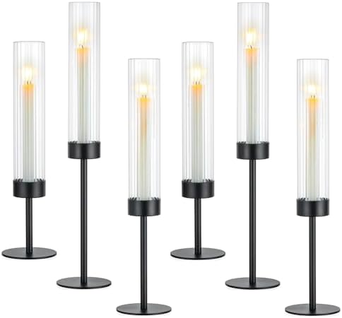 Hewory Black Taper Candle Holders: Candlestick Holders Set of 6 Hurricane Glass Tall Candle Holder for Candlesticks Candle Sticks Holder Decor for Table Centerpiece Wedding Party Christmas Decorations
