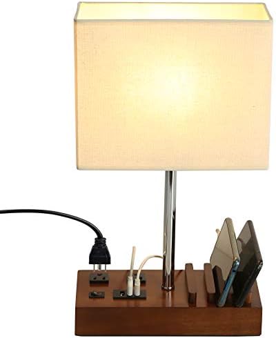 Briever USB Table Lamp, Multi-Functional Desk Lamp with 2 AC Outlets, Bedside Lamp with 3 USB Charging Ports and Wooden Phone Stands, Nightstand Lamp for Bedroom, Livingroom, Office, Walnut Wood