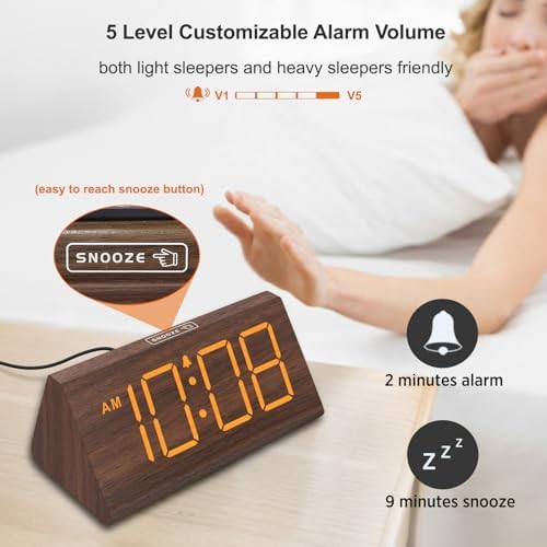 DreamSky Wooden Digital Alarm Clock for Bedrooms Desk with Large Numbers