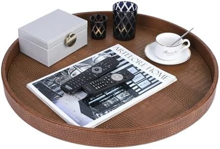 HofferRuffer Large Round Serving Tray 24'', Elegant Faux Leather Circle Ottoman Table Tray, Serve Tea Coffee Breakfast in Bedroom Living Room Kitchen (Antique Brown, 24'')