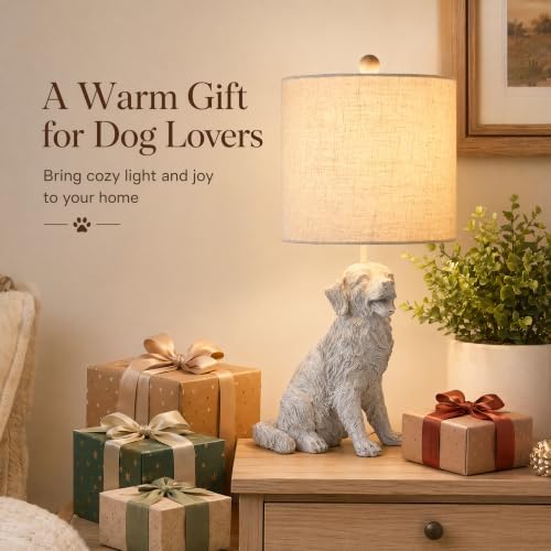 24.75" Sitting Golden Retriever Lamp, Whitewash, Textured Linen Shade
