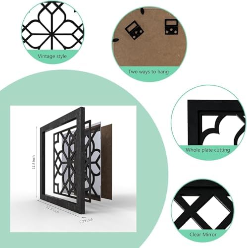 Wall Mirror Square Wooden Decorative Mirrors for Wall Farmhouse Living Room Hallway Entryway, 2 Pcs, 12inch x 12inch