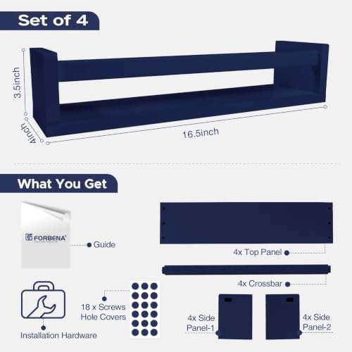 Forbena Navy Blue Floating Nursery Book Shelves for Kids Room Wall, Decorative Wall Bookshelf for Baby Boy Bedroom, Small Wood Hanging Bookshelves Wall Mounted for Little Boys Room Bathroom (Set of 4)