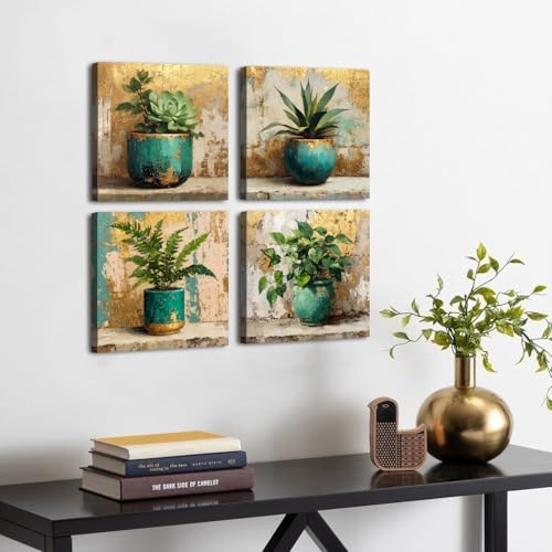 AIYISU Green Botanical Wall Art Green and Gold Bathroom Wall Decor Farmhouse Succulent Plant Pictures Vintage Rustic Tropical Canvas Prints Artwork for Living room Office Home Decorations 12x12 4Pcs