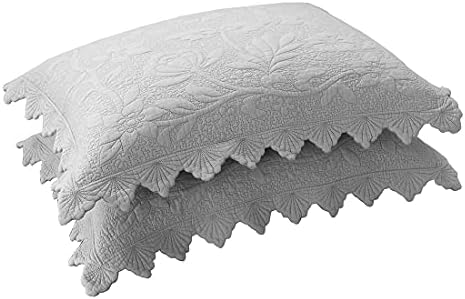 vctops 2-Piece Embroidered Cotton Quilted Pillow Shams Vintage Floral Decorative Pillow Covers Boho Pillow Cases Queen Size, Grey