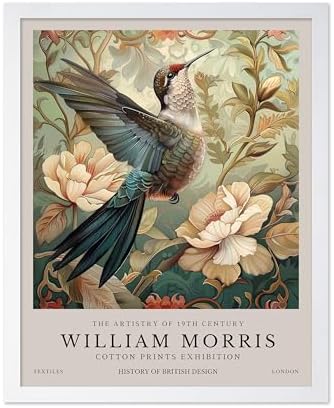 Poster Master William Morris Poster - Hummingbird Print - Bird Art - Botanical Art - Flower Design - Exhibition Artwork - Animal Illustration - Floral Illustration - Aesthetic Office or Bedroom Decor - 11x14 White Framed