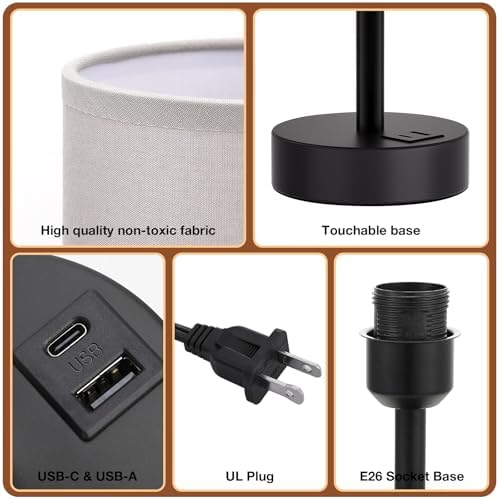 Dicoool Bedside Table Lamp for Bedroom - 3-Way Dimmable Touch Lamp, USB A+C
