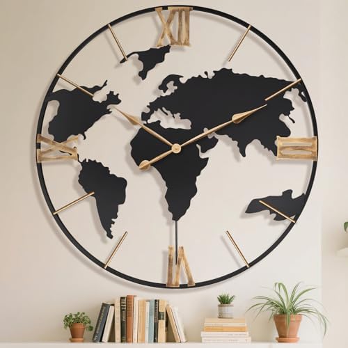 Pytha Sight 36 Inch Large Extra Metal Oversized Roman World Map Wall Clock