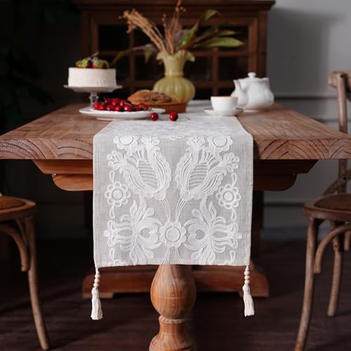 Embroidered Table Runner Boho Farmhouse Dresser Scarf, 14" x 56"