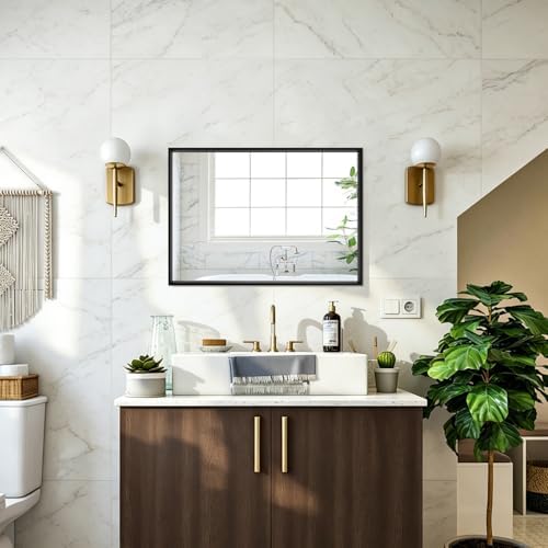 AAZZKANG Black Mirrors for Wall Rectangle Metal Framed 20"x16" | Large Hanging Mirror for Bedroom Bathroom Living Room Entryway Vertically or Horizontally Decorative