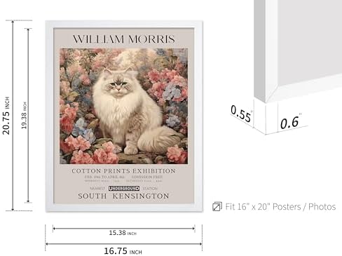 Poster Master Persian Cat Print - Flower Art - Botanical Design - Exhibition Display - Animal Illustration - Floral Cat Painting - Aesthetic Office or Bedroom Decor - 16x20 White Framed