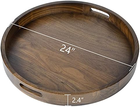 24" Round XL Handmade Black Walnut Wood Ottoman Tray with Handle