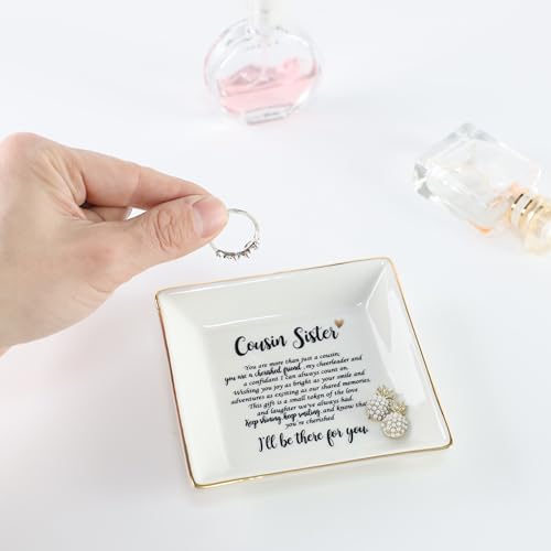 HOME SMILE Cousin Sister Gifts Mother's Day,Ceramic Ring Jewelry Dish Tray Plate for Birthday Graduation Christmas Wedding-You are More Than Just a Cousin,You Are a Chrished Friend