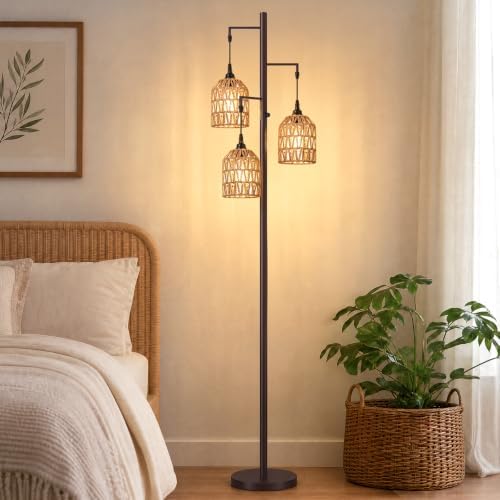 70’’ Tall Floor Lamp for Living Room, 3-Light Rattan Standing Lamp, Brown