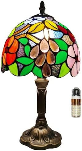 Tiffany Table Lamp,8X8X15Inch Small Antique Rose and Grape Pattern Stained Glass 3 Color Temperatures Bedside Nightstand Table Lamps for Bedroom Living Room Home Office+LED Bulb