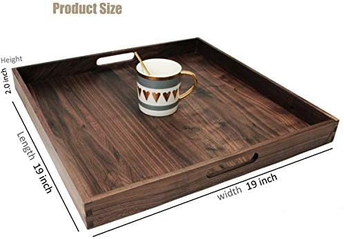 19"x 19" Large Black Walnut Square Ottoman Serving Tray with Handles