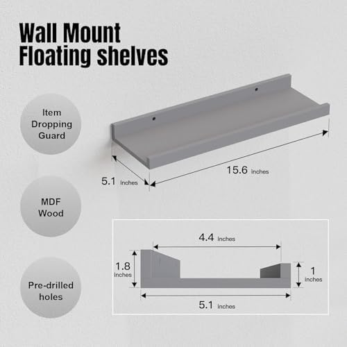 RICHER HOUSE 3-Set Floating Shelves with Lip, Grey Small Wall Shelf, 16In