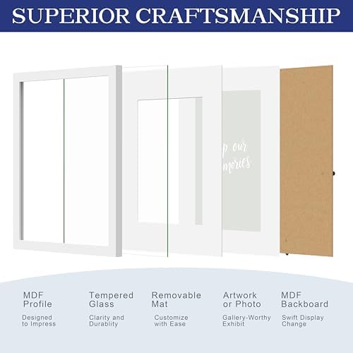 An&He 8.5 x 11 Picture Frame, Wood Photo Frame with HD Tempered Glass for Wall and Tabletop Display, White, 1Pack