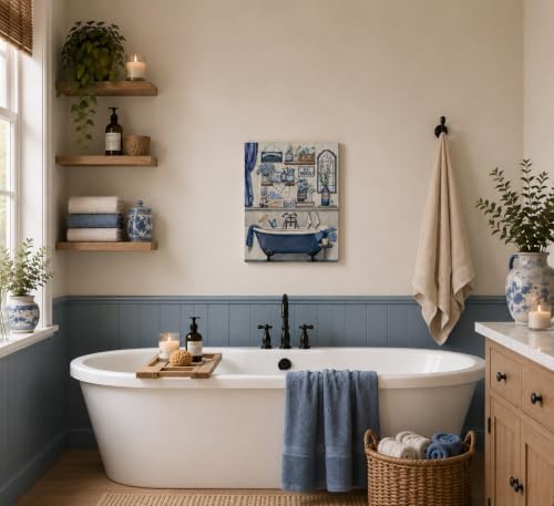 Navy Blue Bathroom Rules Canvas Wall Art Blue Farmhouse Toilet Painting Picture Wall Decor Poster Prints Artwork for Washroom Lavatory Home Decoration
