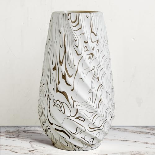 10 inch Tall Ribbed Ceramic Vase for Flowers,Boho Vases for Pampas Grass,Fluted vase,Simple Modern Decorative Vase for Home Decor Table Centerpieces (Milk Pattern)