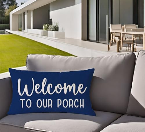 PANDICORN Outdoor Throw Pillow Covers 12x20 Inch Welcome to Our Porch, Blue