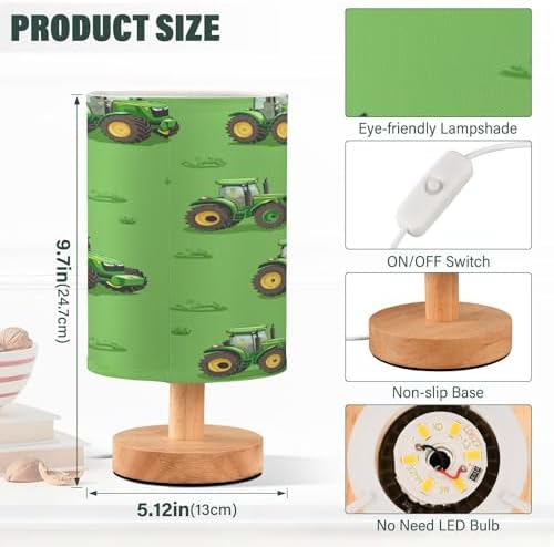 Tractors Green Truck Fram LED Table Lamp for Bedroom Bedside Lamp with USB Charging Ports Decor Nightstand for Living Room Reading Dorm Desk Home Office