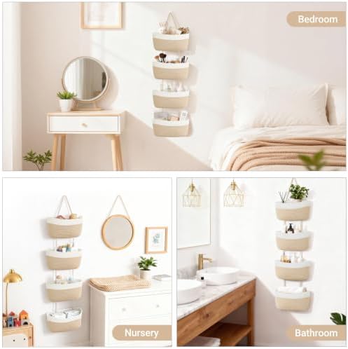 Over The Door Hanging Basket Storage 4-Tier Woven Wall Basket, Jute & White