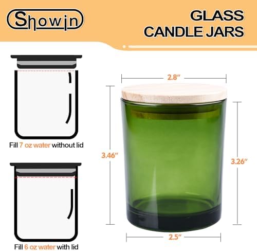 SHOWIN Thick Candle Jars for Making Candles 12 Pcs, 7 OZ Empty Jars with Wood Lids for Candle Making, Sample Container, Clear Green