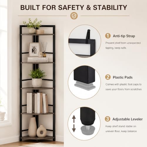 BON AUGURE Rustic Corner Shelf Stand, Tall Industrial Corner Bookshelf, Wood Metal 5 Tier Bookcase Shelves, Display Shelving Unit for Kitchen, Living Room (Dark Grey Oak)