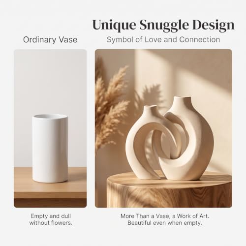 Aesthetic Cream White Ceramic Vase Set of 2, Snuggle Hollow Flower Vase Home Decor Living Room, Nordic Modern Boho ins Style Decorative Flower Vase for Coffee/Dining Table Decor (W 6.3" X H 8.4")