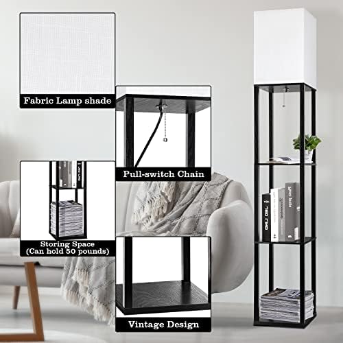 RUNTOP Floor Lamp with Shelves, Shelf Lamp with 3 Color Temperature LED Bulb,Floor-Lamp for Living Room, Modern Tall Standing Display Shelf Floor Lamps for Bedroom, Office (Black)