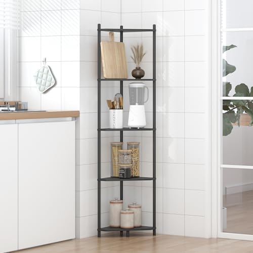 Wisuce Black Tall Corner Shelf Stand, 5-Tier Bamboo Corner Bookshelf
