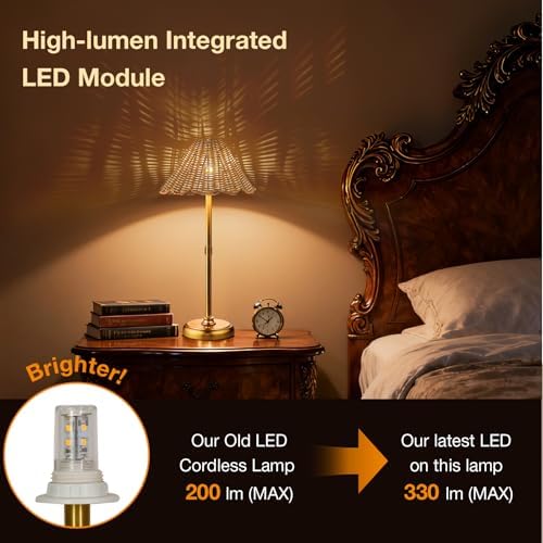 20.5'' Tall Cordless Boho Rattan Table lamp, 5200-mAh Rechargeable Battery, 3-Level Brightness Dimmable, Build-in LED 320 Lumen Max, for Bedside Restaurant Resort Hotel Dining Table