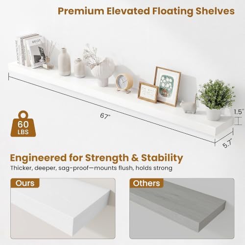 Fun Memories 67 Inch Fireplace Mantel Set of 2, Long Floating Shelf for Bedroom|Living Room, Wall Mounted Farmhouse Display with Invisible Heavy Duty Metal Bracket, White