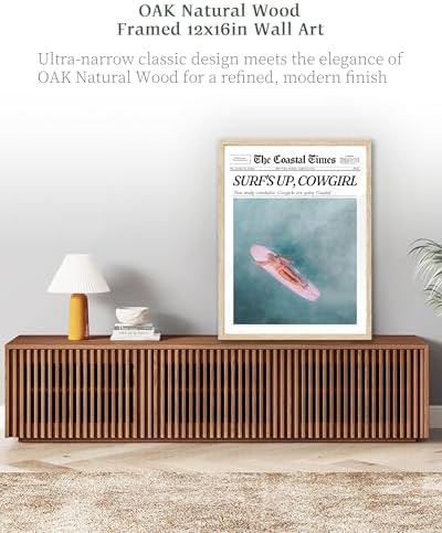 iHery 12x16in Surf’s Up Cowgirl Framed Newspaper Wall Art | Natural OAK Wood Frame with Canvas Print, Coastal Western Decor for Bedroom, Girl Dorm, Living Room and Bar Cart, 1Pack