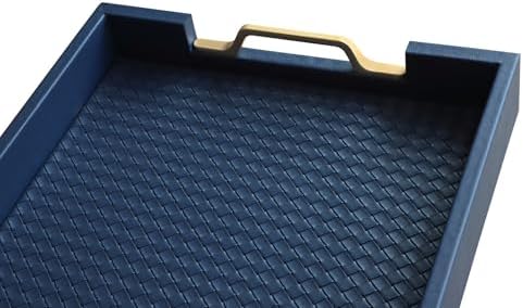HofferRuffer Faux Leather Rectangle Serving Tray Decor Platter with Gold Metal Handles for Coffee Table, Breakfast, Tea, Food, Countertop, Kitchen, Butler Tray, 16.2 x 12.2 x 2 inches (Navy Blue)