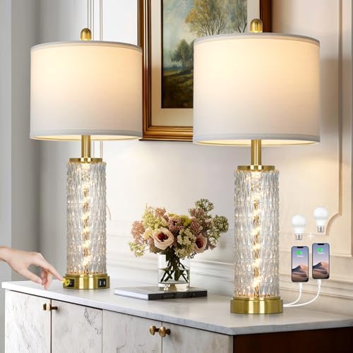 28" Gold Glass Table Lamps Set of 2, Gold Modern Bedside Lamp with LED Night Light, USB A+C, Glass Lamps for Living Room, Bedroom, Nightstand, Office, End Table (2 Bulbs Included)