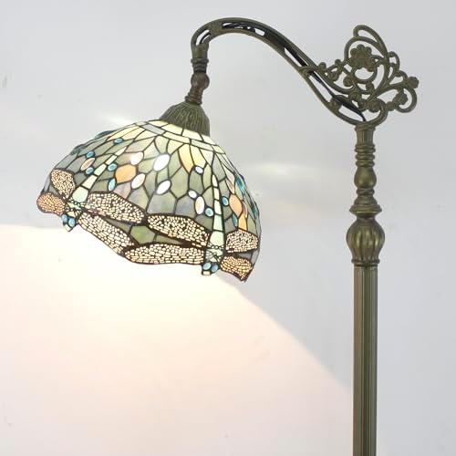 WERFACTORY Tiffany Style Reading Floor Lamp Sea Blue Stained Glass with Crystal Bead Dragonfly Lampshade in 64 Inch Tall Antique Arched Base for Bedroom Living Room Lighting S147 (No Bulb)