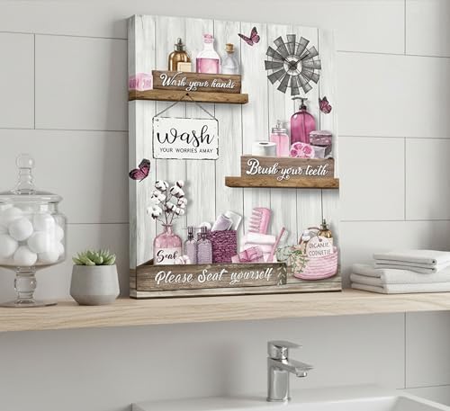 Pink Farmhouse Bathroom Canvas Wall Art Vintage Rustic Country Toilet Painting Picture Wall Decor Poster Print Artwork for Washroom Restroom Home Decoration