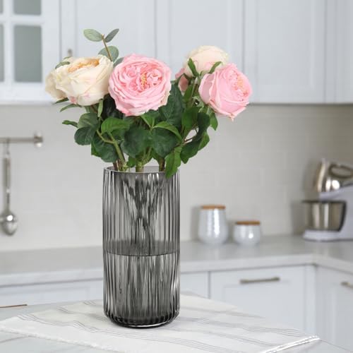 Thick Ribbed Glass Vase for Flowers, 8 Inch Tall Grey Cylinder Vase for Centerpieces, Decorative Modern Flower Vases for Bouquet, Flower Vases for Desk, Shelves, Dining Table, Home Décor