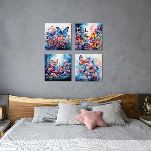 Butterfly Wall Art Colorful Floral Pictures Wall Decor Abstract Wildflower Canvas Prints Watercolor Daisy Poppy Flowers Painting Nature Flowers Artwork for Living Room Home Decorations 20x20" 4Pcs