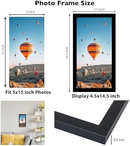 JCJMY 5x15 Black Picture Frame Set of 6, Horizontal and Vertical Formats for Wall Hanging, 5 x 15 Wall Gallery Poster Photo Frames with Shatter Resistant Plexiglass, 6 Pack, Black