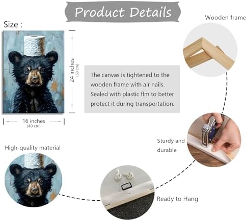 Funny Bathroom Bear Canvas Wall Art, Black Bear with Paper Poster Print Artwork, Humor Animal Painting Picture Wall Decor, for Kids Restroom, Cabin, Bathroom, Home Decoration, 16x24in