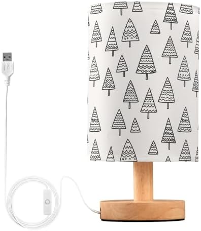 Simple Christmas Trees Black and White Bedside Table Lamps with USB Port for Bedroom Lamp Accent Table Lamp Small Nightstand Lamp Sturdy Linen Shade Wooden Decorative Lamps for Home|Kids|Holiday