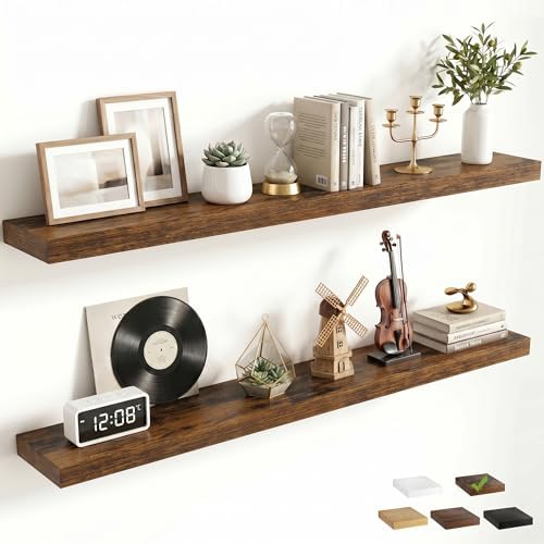 FLYJOE 48 Inch Floating Shelves for Wall Set of 2, 6.5" D Wood Grain Bathroom Shelves with Invisible Brackets, Easy Install Engineered Wood Storage Shelves for Kitchen, Living Room, Bedroom