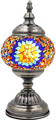 SILVERFEVER Handcrafted Mosaic Turkish Lamp Moroccan Glass Table Desk Bedside Light Bronze Base with E12 Bulb (Purple Starburst)