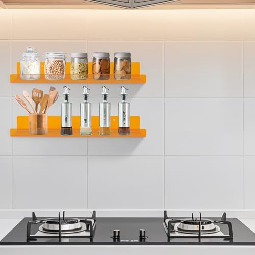 Dezzer 6 Pack Acrylic Shelves for Wall, 15" Acrylic Floating Shelves for Bathroom Bedroom, Invisible Bookshelf Wall Ledge Storage Shelf Books Perfume Toys Action Figure Display Shelves, Clear Orange