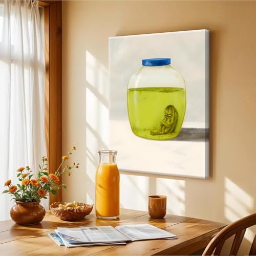 Framed Funny Kitchen Canvas Wall Art, The Last Pickle in Green Cucumber Jar Pictures Wall Decor Paintings, Lonely Pickle Prints Eclectic Home Decor for Dining Room Living Room 12X16 inch