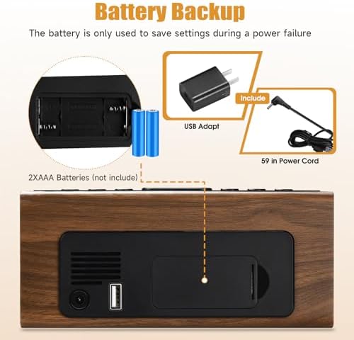 Cadmos Wooden Digital Alarm Clock for Bedroom,Electric Desk Clock with USB Port,Loud Alarm for Heavy Sleepers,Adjustable Volume & Dimmer,Snooze,DST,Wood Decor,Bedside & Desk Us(Brown - Amber Digits)