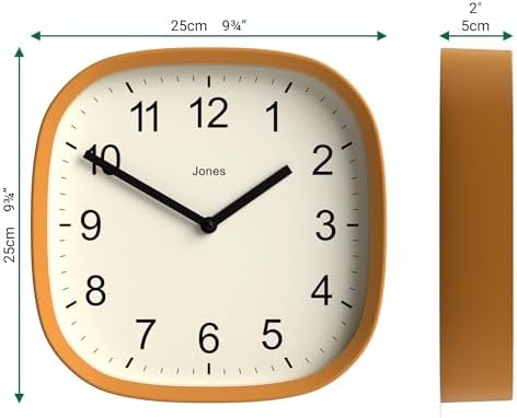 JONES CLOCKS® Sprite wall Clock | Modern Retro Rounded Square Clock | 10" | Mustard Yellow | Easy to Read Numbers | Perfect for Kitchen or Office